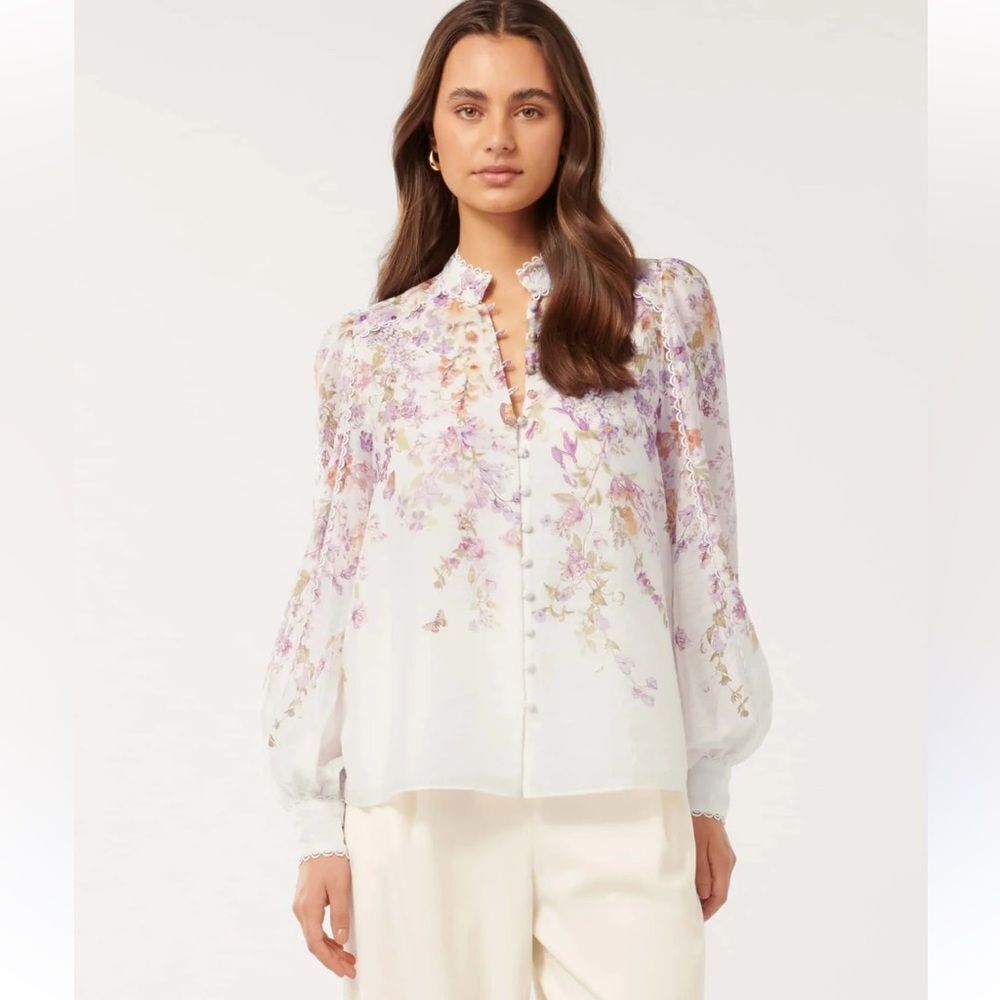 BAILEY 44 L Mock Neck Crochet Detail Trim Long Sleeve Floral Blouse